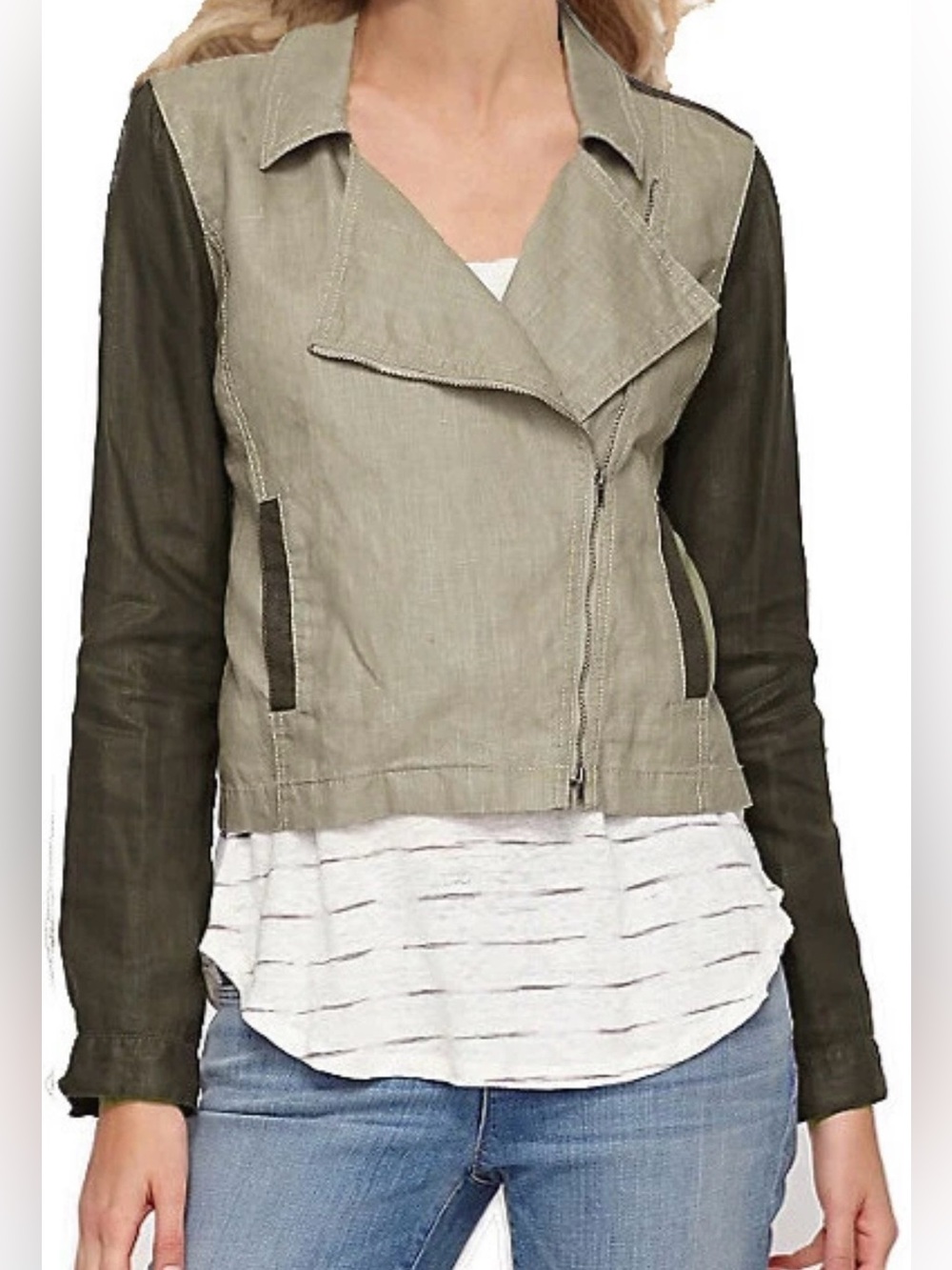 Eileen Fisher Woman NWT Stone Coated Organic Linen Asymmetrical Zip Moto Coat